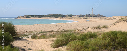 Panoramic view of the beach of Los Canos de Meca, next to the lighthouse of Trafalgar, Spain photo