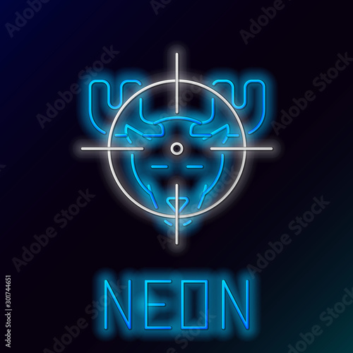 Blue glowing neon line Hunt on moose with crosshairs icon on black background. Hunting club logo with moose and target. Rifle lens aiming a moose. Colorful outline concept. Vector Illustration