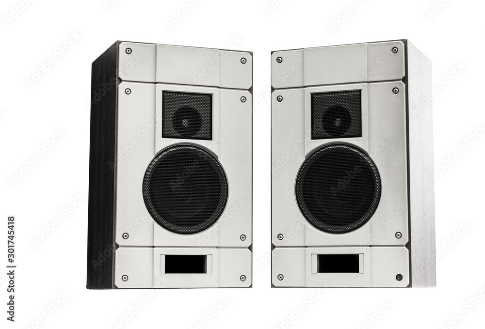 Two audio speakers on white background.