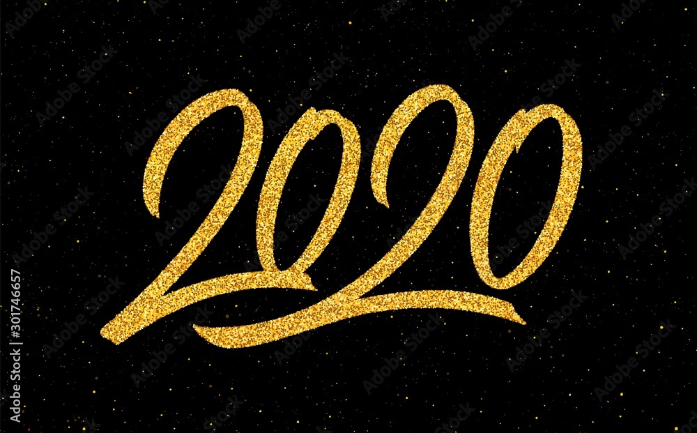 Happy New Year 2020 greeting card design template with gold text on black background. Calligraphy for Chinese Year of the Rat. Vector illustration