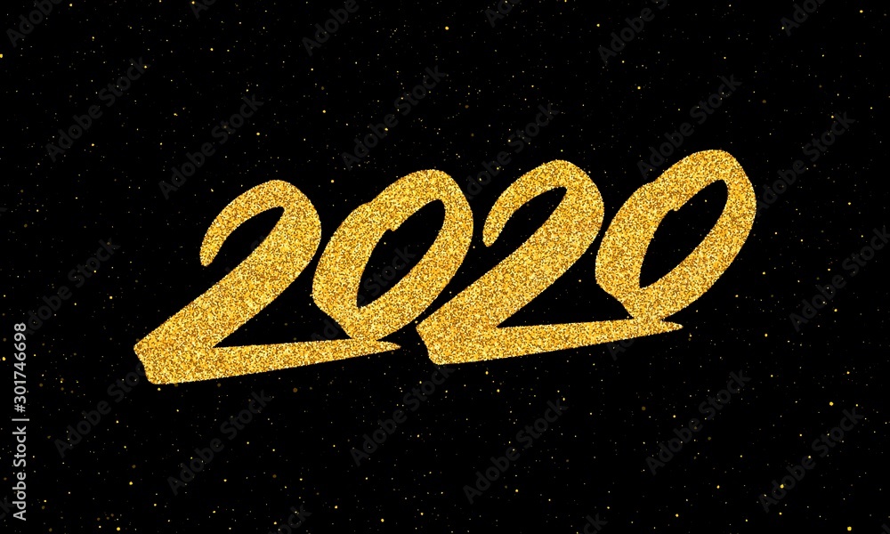 Happy New Year 2020 greeting card design template with gold text on black background. Calligraphy for Chinese Year of the Rat. Vector illustration Happy New Year 2020 greeting card design template with gold text on black background. Calligraphy for Chinese Year of the Rat. Vector illustration
