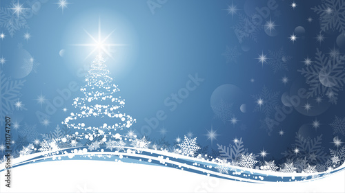 Christmas tree on Blue and White background. Sparkling Christmas tree as symbol of Happy New Year and Merry Christmas holiday celebration with copy space. Bright shiny design Vector