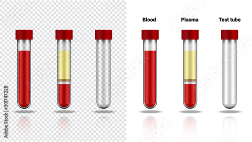 Blood Bottle and Plasma Mock up Realistic Transparent Test Tube Plastic or Glass For Science and Learning on white Background Illustration. Health Care And Medical Concept Design