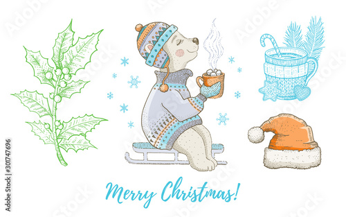 Christmas doodle polar bear animal, Santa hat, holly set. Cute watercolor hand drawing collection. Poster, greeting card, design element. Vintage graphic, vector illustration isolated white background
