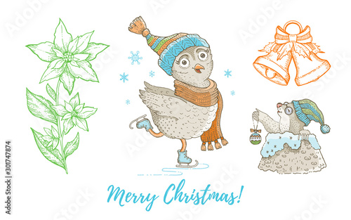 Christmas doodle owl bird, mole, jingle bell, poinsettia set. Cute watercolor hand drawn collection. Poster greeting card design element. Vintage graphic vector illustration isolated white background photo