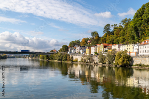 View at a house front on the Danube river in Passau  Bavaria  Germany