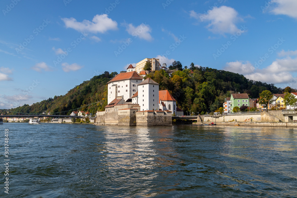 Danube river an entry of river Ilz in Passau, Bavaria, Germany in autumn
