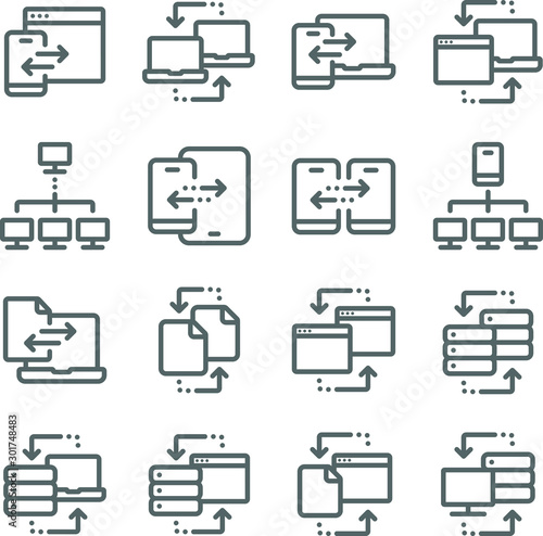 Data exchange icons set vector illustration. Contains such icon as Database, Sync, Data transfer, Backup and more. Expanded Stroke