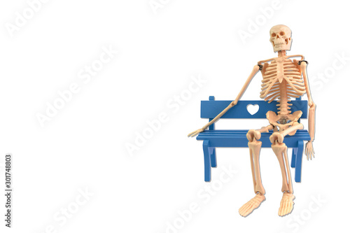 Human skeleton is sitting on the bench