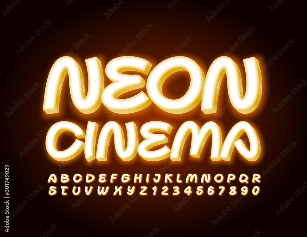 Vector creative poster Neon Cinema. Handwritten glowing Font. Electric Alphabet Letters and Numbers
