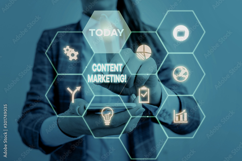 Handwriting text Content Marketing. Conceptual photo involves creation and sharing of online material Woman wear formal work suit present presentation using smart latest device Handwriting text Content Marketing. Conceptual photo involves creation and sharing of online material Woman wear formal work suit present presentation using smart latest device