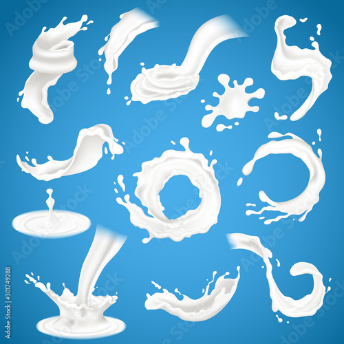 Realistic milk, yogurt splash and pouring with milk drops and dairy spots on blue background set vector illustration