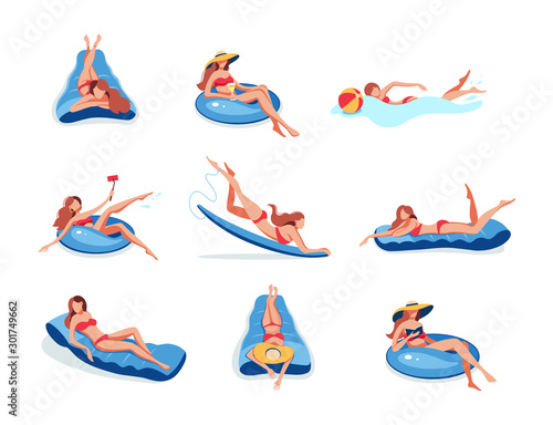 Young woman swimming set. Lady swimming on inflatable ring, air mattress boat. Floating woman reading a book, taking a selfie, listening to music, learning to surf, working freelancer cartoon vector