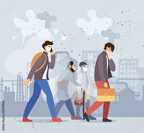 Group people choking on dust wearing protective face masks gas walking along dusty polluted street on the background of smoking pipes of factories, industry smoke, smog. Pollution environmental vector