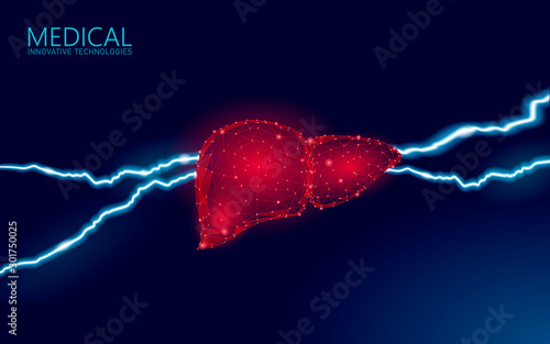 3D medicine liver hepatitis warning. Human health diagnostics cirrhosis organ system painful disease. Medical therapy digestive infection virus protect concept. Low poly vector illustration.
