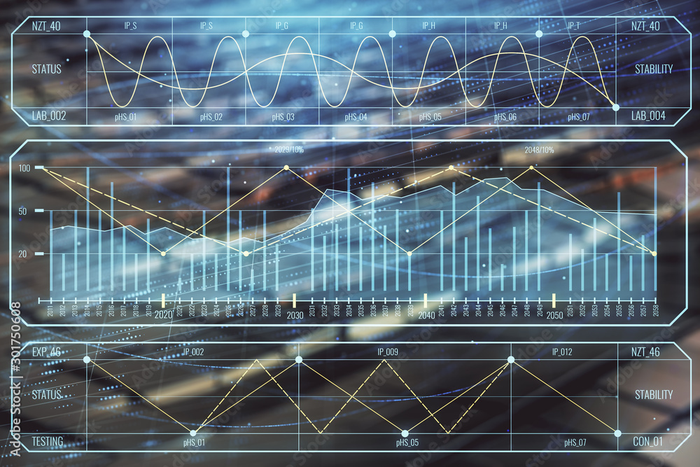 Financial chart hologram with abstract background. Double exposure. Concept of market analysis