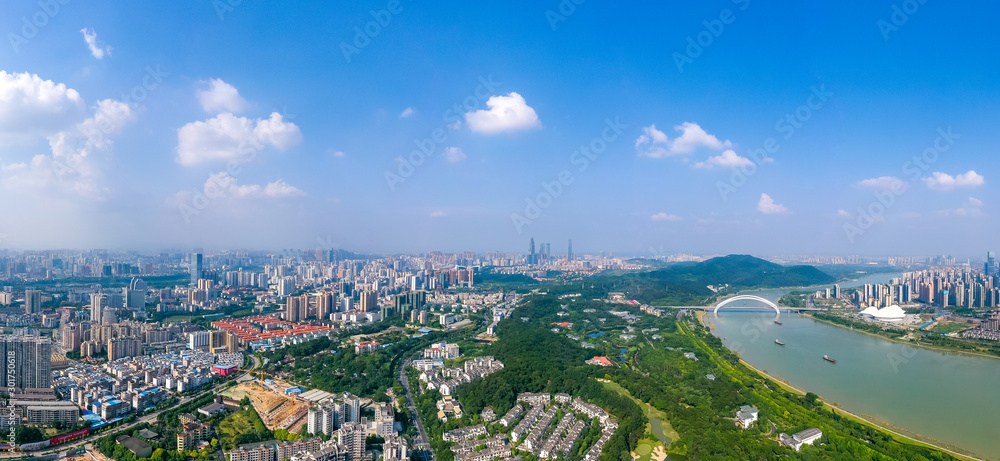 Aerial view of  Nanning city GuangXi province,china .Panoramic skyline and buildings beside Yongjiang river.