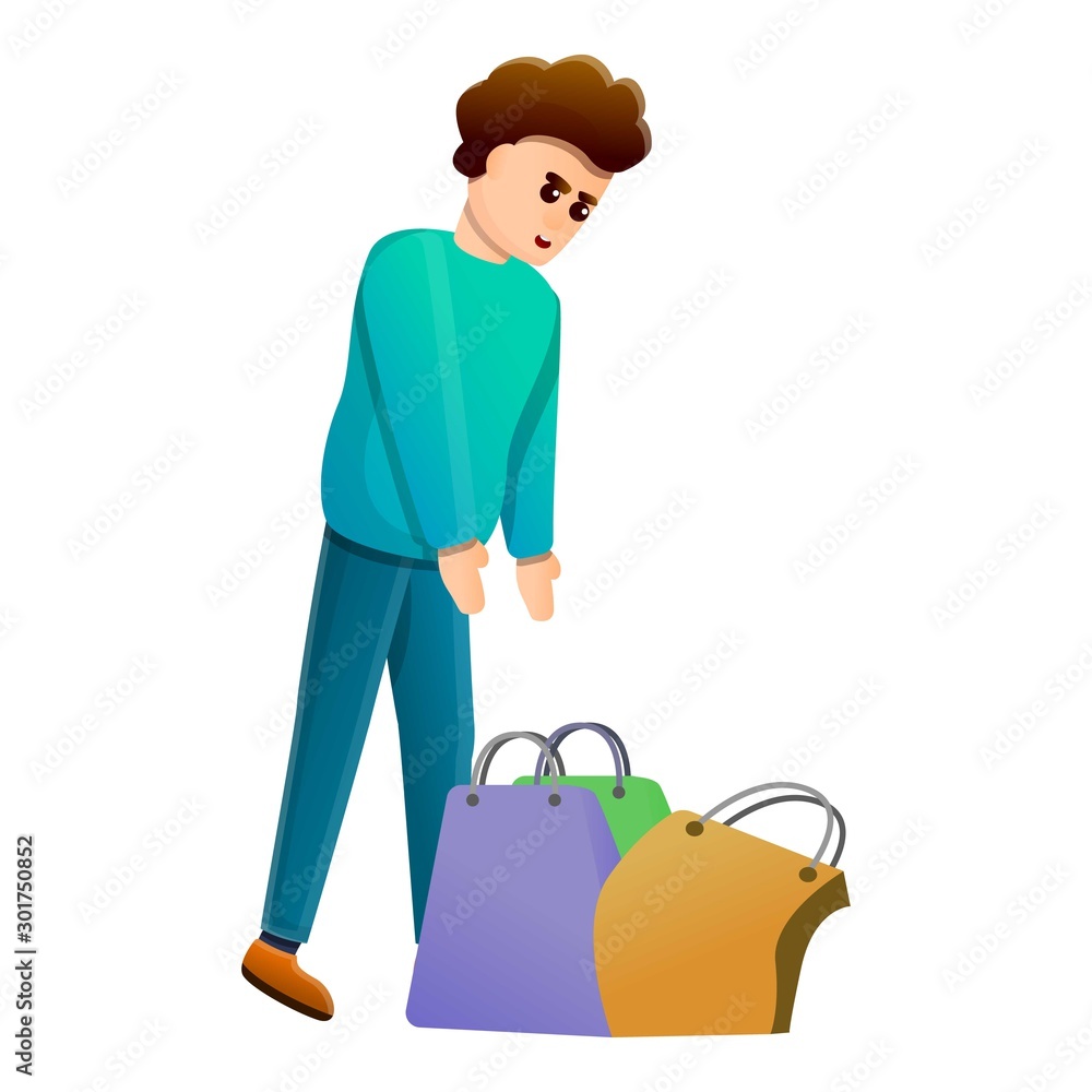 Sad man take shopping bags icon. Cartoon of sad man take shopping bags vector icon for web design isolated on white background Sad man take shopping bags icon. Cartoon of sad man take shopping bags vector icon for web design isolated on white background