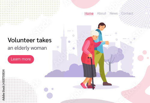 Volunteer man walks with elderly woman. Grandson and grandmother walking together in city park, taking care of elderly grandmother. Volunteer, help, poor, charity concept vector illustration
