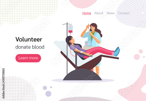 Volunteer people doing charity activities, donate blood. Nurse with donor sitting in medical chair and donating blood. Concept donation, world blood donor day cartoon vector illustration