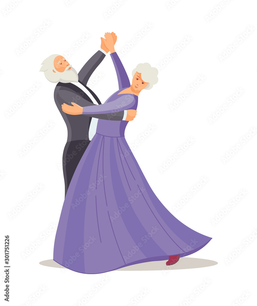 Old dancing people. Stylish elderly man and woman senior aged persons dance waltz. Happy active elderly couple on music party. Dancer grandmother and grandfather cartoon vector illustration Old dancing people. Stylish elderly man and woman senior aged persons dance waltz. Happy active elderly couple on music party. Dancer grandmother and grandfather cartoon vector illustration