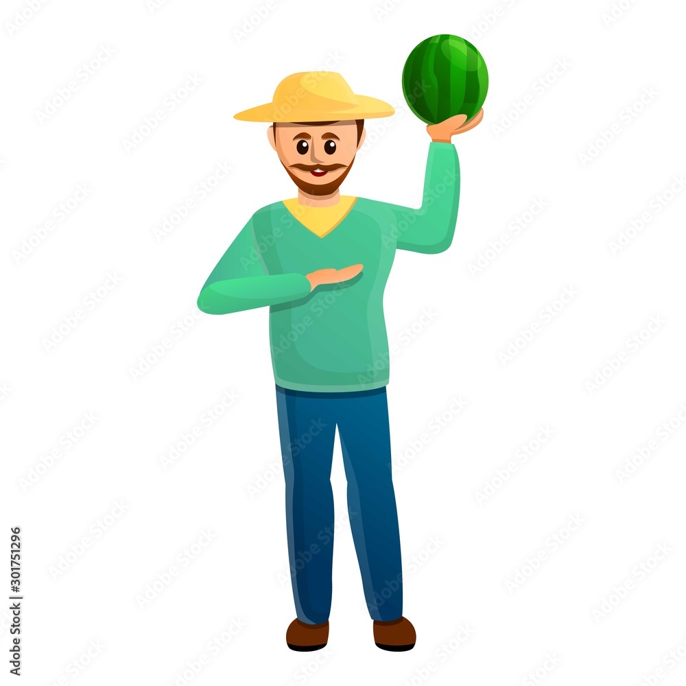 Happy farmer watermelon icon. Cartoon of happy farmer watermelon vector icon for web design isolated on white background Happy farmer watermelon icon. Cartoon of happy farmer watermelon vector icon for web design isolated on white background