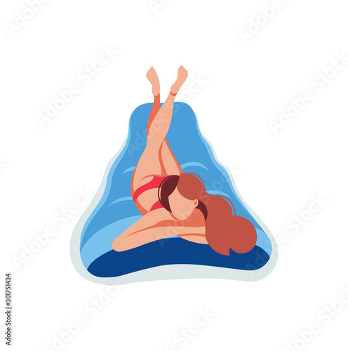 Young woman swimming rubber air mattress rest