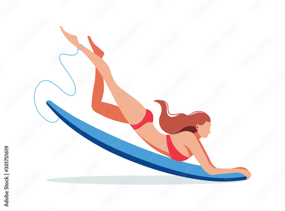 Young girl surfer riding a surfboard. Summer sport activity leisure and surfing lessons cartoon poster vector illustration Young girl surfer riding a surfboard. Summer sport activity leisure and surfing lessons cartoon poster vector illustration