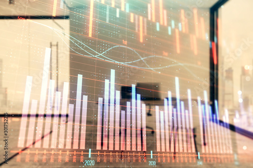 Forex chart hologram with minimalistic cabinet interior background. Double exposure. Stock market concept.