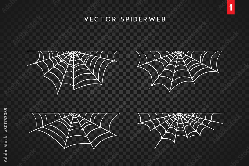 Cobweb set for Halloween design, isolated on dark transparency background. Vector illustration