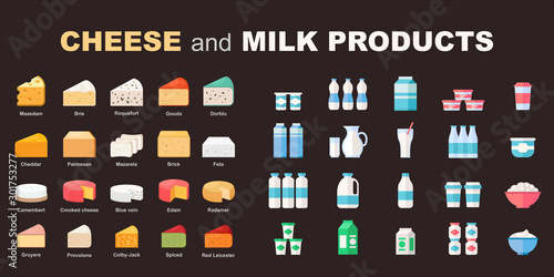 Set of milk products and cheese in flat vector style