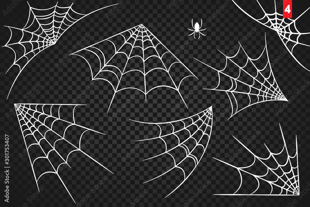 Cobweb set for Halloween design, isolated on dark transparency background. Vector illustration