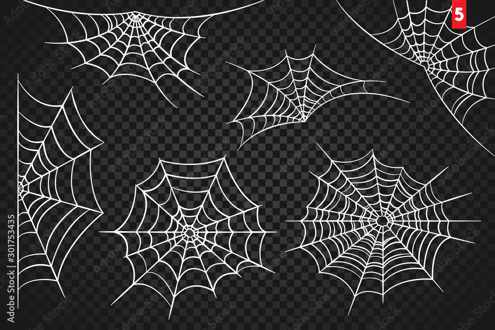 Cobweb set for Halloween design, isolated on dark transparency background. Vector illustration
