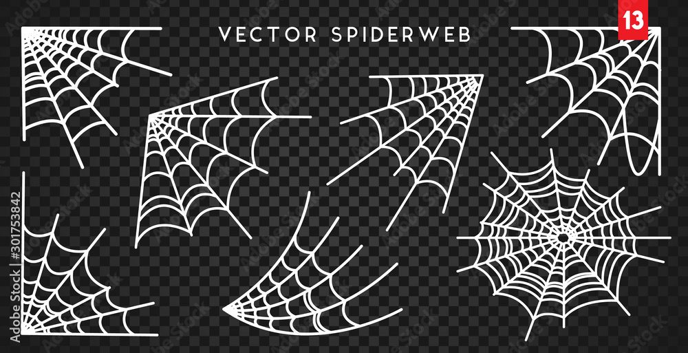 Cobweb set for Halloween design, isolated on dark transparency background. Vector illustration