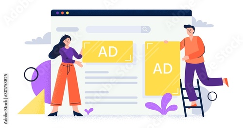 Online advertising. People set display advertisements and banners to the webpage. Flat vector illustration.
