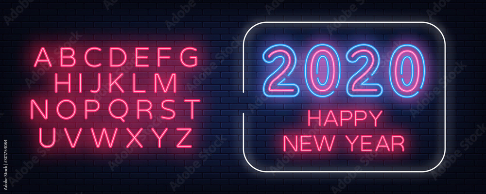 Happy 2020 New year glowing neon text in rectangle frame. New year seasonal greeting cards, invitations, banner in neon style. Vector illustration EPS 10. Happy 2020 New year glowing neon text in rectangle frame. New year seasonal greeting cards, invitations, banner in neon style. Vector illustration EPS 10.