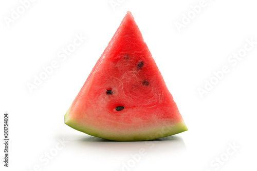 Juicy watermelon slice isolated on white background.