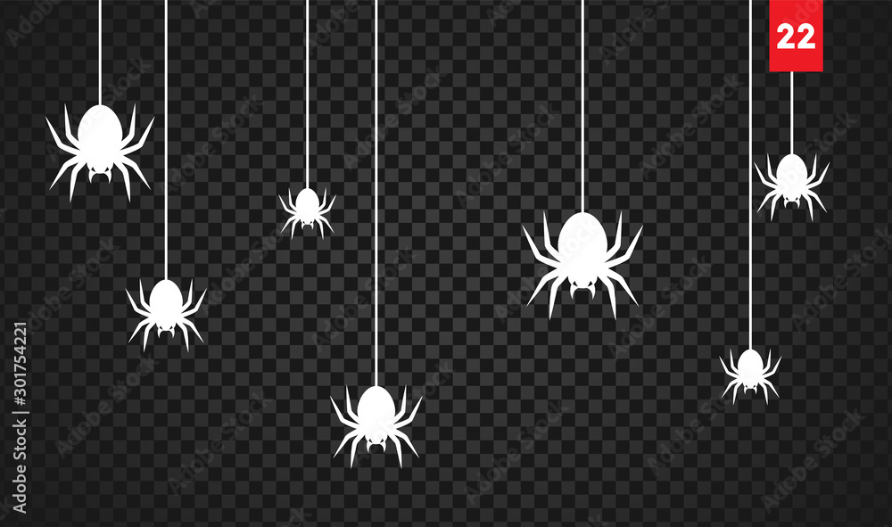 Spiders for decoration and covering on the transparent background. Creepy background for Halloween.