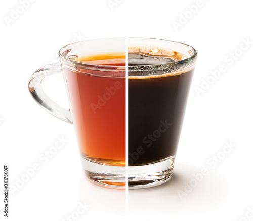 Cup split in half. Tough choice tea vs coffee concept