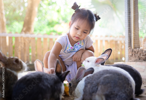 Cute little asian girl feeding rabbit on the farm