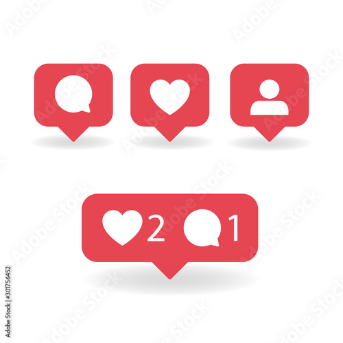 Social media notifications icons. Like, comment, follow icon. Vector illustration. Social media notifications icons. Like, comment, follow icon
