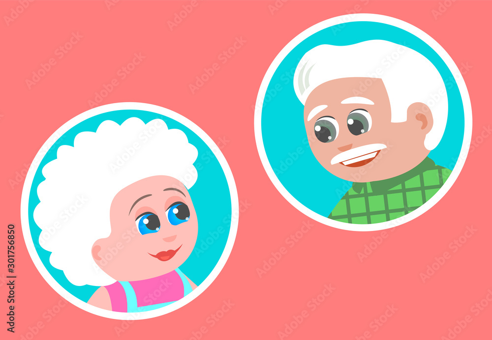 Romantic postcard with two portraits in a round frame. Grandmother and grandfather. They look at each other with a smile. Cartoon vector illustration. Romantic postcard with two portraits in a round frame. Grandmother and grandfather. They look at each other with a smile. Cartoon vector illustration.