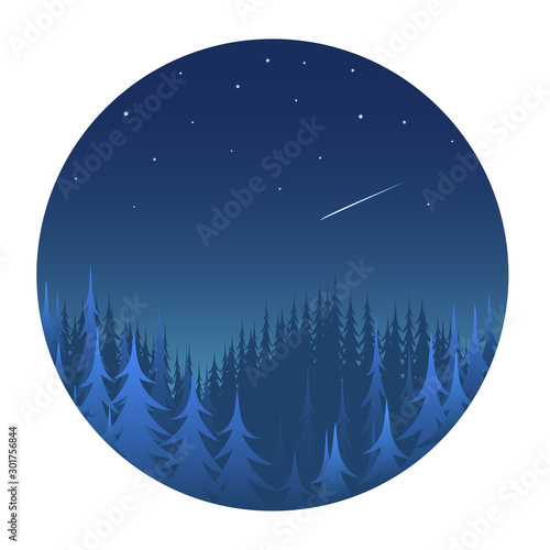Night coniferous forest with a starry sky. Blue silhouettes of pines and firs. Vector round illustration.