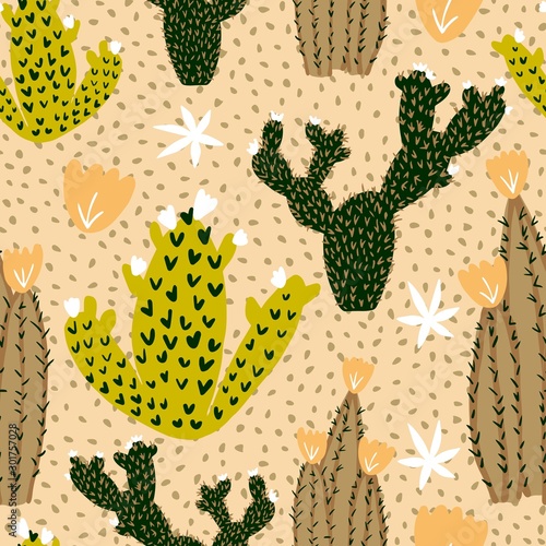 Hand drawn cactus seamless pattern on polka dot background.