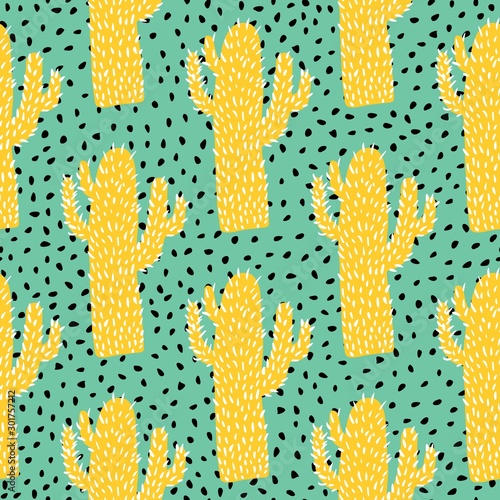 Yellow cactus seamless pattern on green background. Cacti doodle vector illustration.