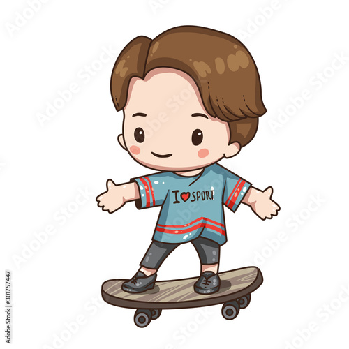 Vector illustration of cute chibi character isolated on white background. Cartoon boy in sportswear isolated on white background. Boy on skateboard.