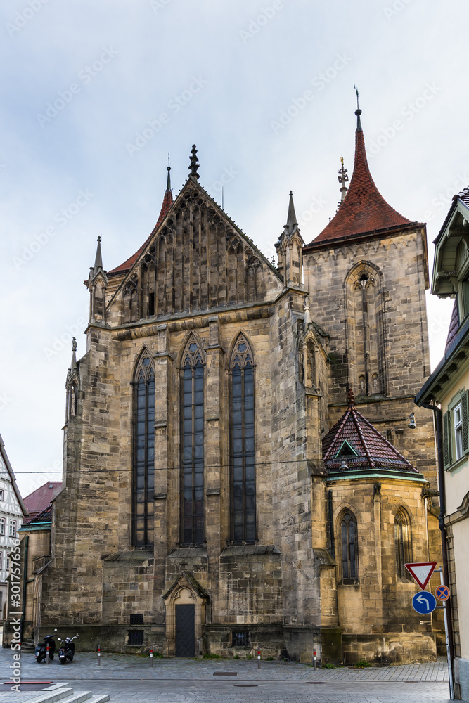 Germany, Historical ancient impressive gothic church building of st mary, called marienkirche in downtown reutlingen city at the marketplace