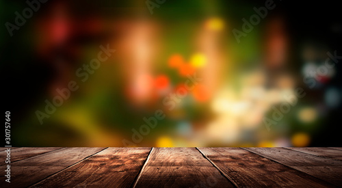 Wooden table, blurred bokeh...