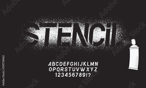 Stencil font. Graffiti spray painted alphabet, dirty textured lettering and grunge letters. Military abc and numbers, stamp type army scratched text. Isolated vector symbols set