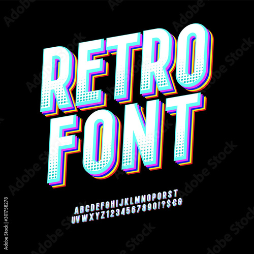 Original typeface. Retro Font 90's, 80's with colorful layers and VHS effect. Vector abc alphabet.
